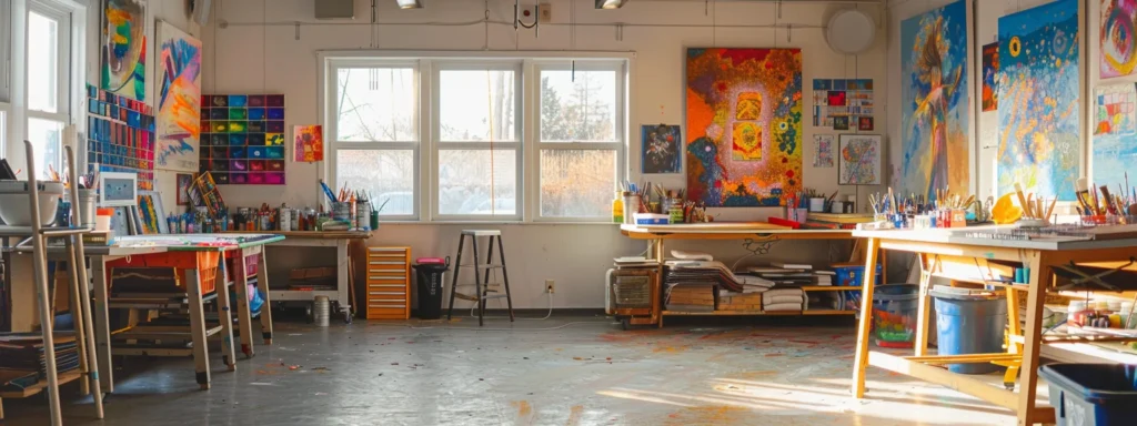 a serene art studio bathed in warm, gentle light, featuring a vibrant array of colorful paints and canvases, where individuals of diverse backgrounds come together to create meaningful artwork, embodying the healing power of art therapy in their everyday lives.