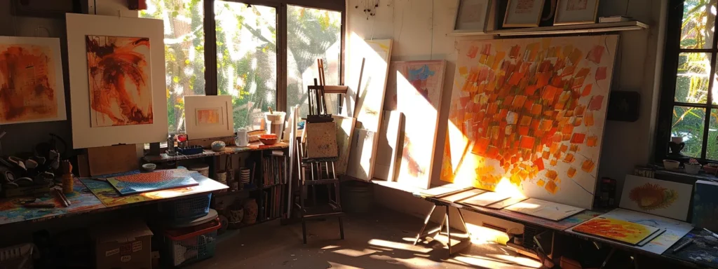 a serene art studio, illuminated by warm sunlight, showcases vibrant paintings, textured pottery, and colorful collages, inviting viewers to explore the therapeutic power of creativity for emotional balance.