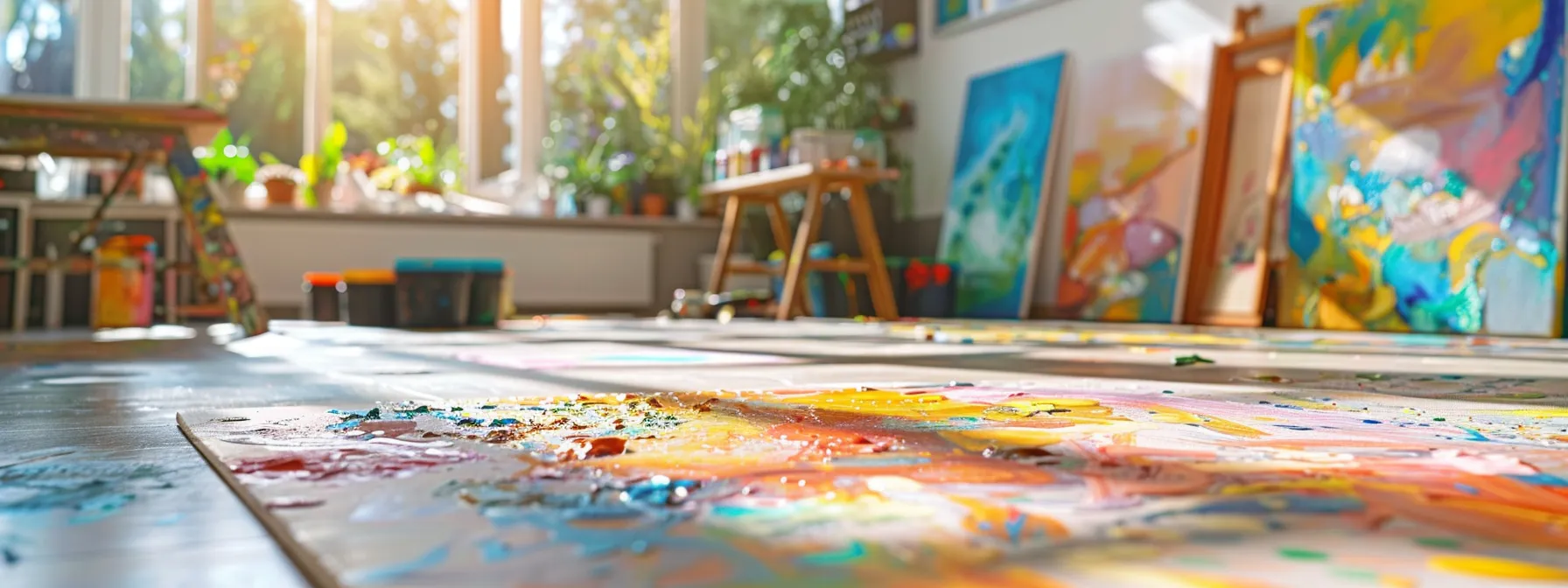 a serene art therapy session in a sunlit studio, where vibrant paints and expressive canvases reflect the transformative journey of emotional healing and self-discovery.