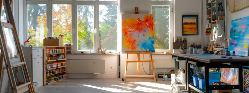 a serene art therapy studio bathed in warm, natural light, where a vibrant canvas splashed with color symbolizes the transformative journey of overcoming creative blocks and self-doubt.