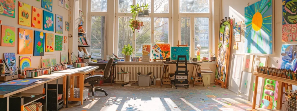 a serene art therapy studio filled with vibrant paintings and creative supplies, illuminated by soft natural light, inviting individuals to explore their emotions through expressive artwork.