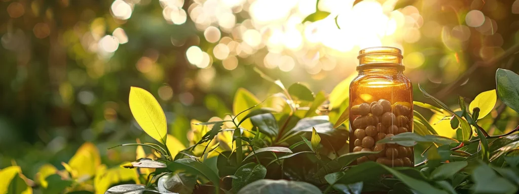 a serene close-up of an open pill bottle surrounded by calming nature elements, with soft sunlight filtering through leaves, symbolizing hope and healing for anxiety treatment.