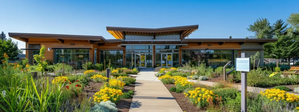 a serene community health center with welcoming signage and blooming gardens, where individuals are engaged in hopeful discussions about accessing outpatient mental health programs.