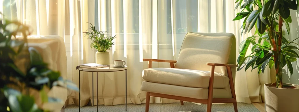 a serene consultation room bathed in soft, natural light, featuring an inviting armchair and a notepad on a small table, symbolizing the supportive environment of an outpatient mental health assessment.