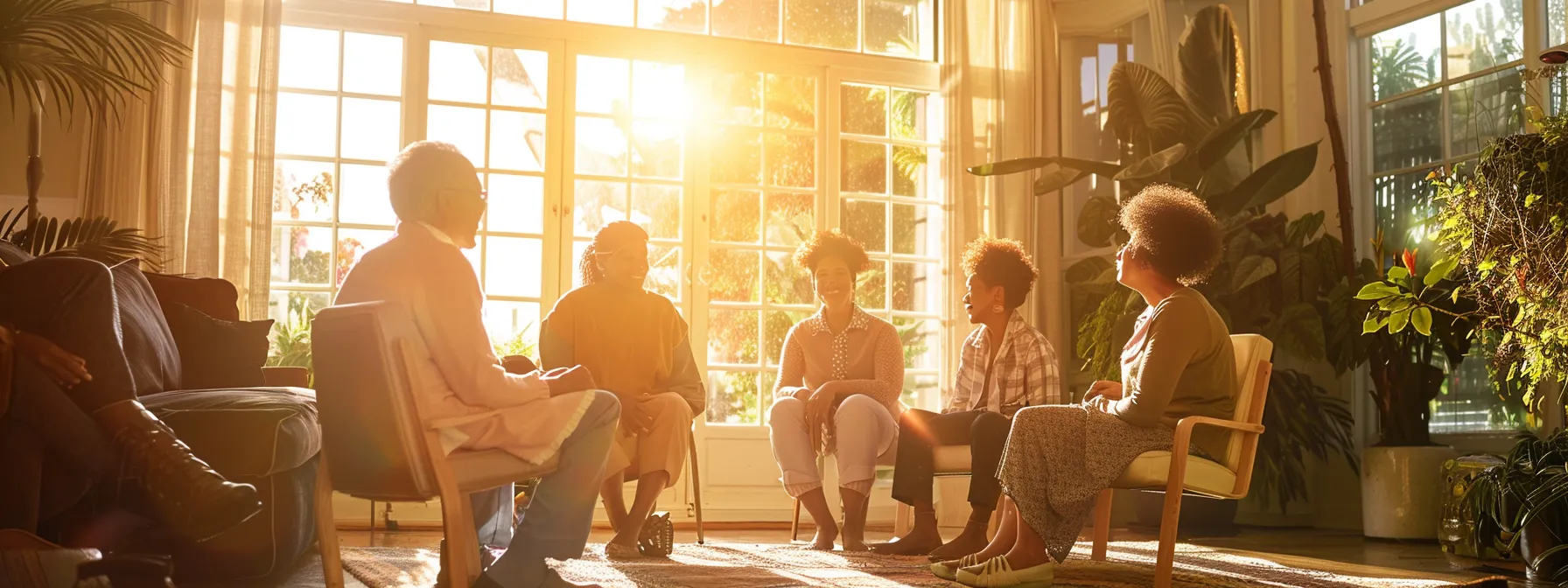 a serene family therapy session unfolds in a sunlit room, where diverse family members engage in open dialogue, surrounded by warm, inviting decor that encourages connection and emotional healing.