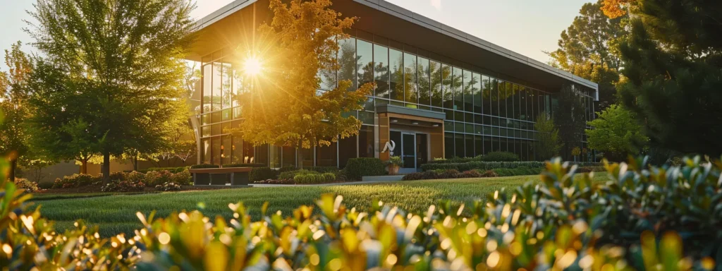 a serene, inviting mental health facility nestled in a lush green landscape, showcasing its welcoming facade with large windows, surrounded by nature, symbolizing hope and healing under gentle sunlight.