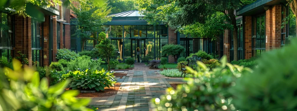 a serene, inviting mental healthcare facility with lush greenery surrounding the calming architecture, symbolizing hope and healing on the journey to mental well-being.