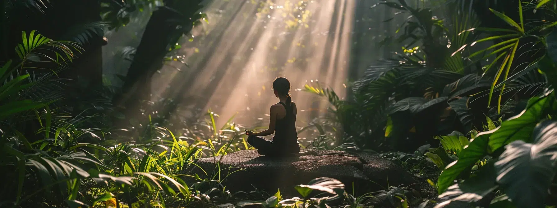 a serene landscape featuring a person practicing mindfulness meditation amidst lush greenery, with soft sunlight filtering through the leaves, symbolizing tranquility and the journey toward mental well-being.