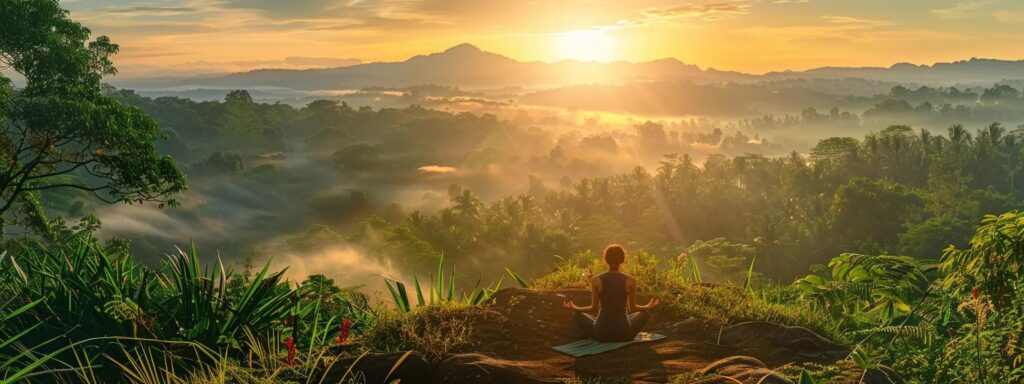 a serene landscape showcases a vibrant sunrise illuminating a peaceful scene where a person practices yoga, surrounded by lush greenery, symbolizing the harmonious connection between mental health and physical wellness.