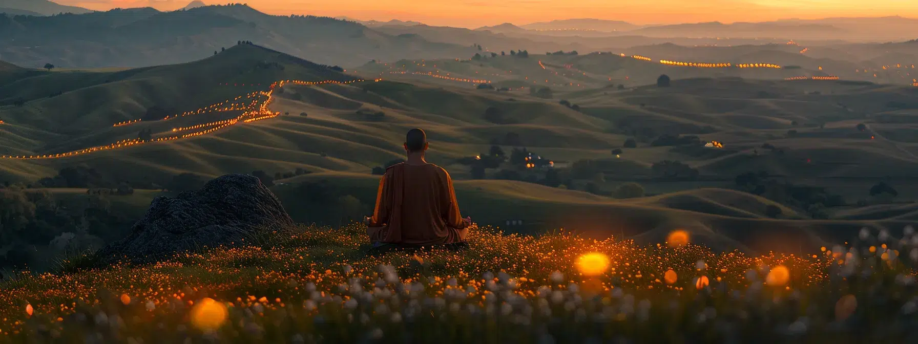 a serene landscape unfolds at twilight, with a person meditating peacefully on a vibrant hilltop, surrounded by soft, glowing lights symbolizing hope and support in managing anxiety and fostering emotional well-being.