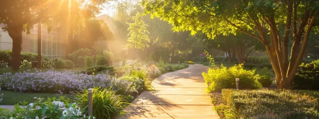 a serene mental health facilities enveloped in soft morning light, with blooming gardens and tranquil pathways inviting individuals to seek care and healing.