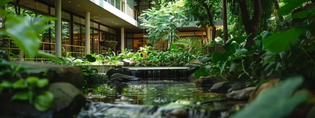 a serene rehabilitation center surrounded by lush greenery evokes a sense of hope and recovery, illustrating the contrast between the structured, nurturing environment of inpatient treatment and the flexibility of outpatient programs.