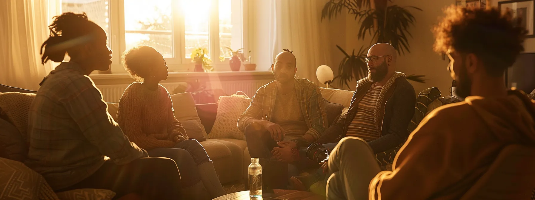 a serene scene depicting a diverse group of individuals engaged in a heartfelt discussion within a cozy, sunlit room, illustrating the power of connection and support in overcoming anxiety and depression.