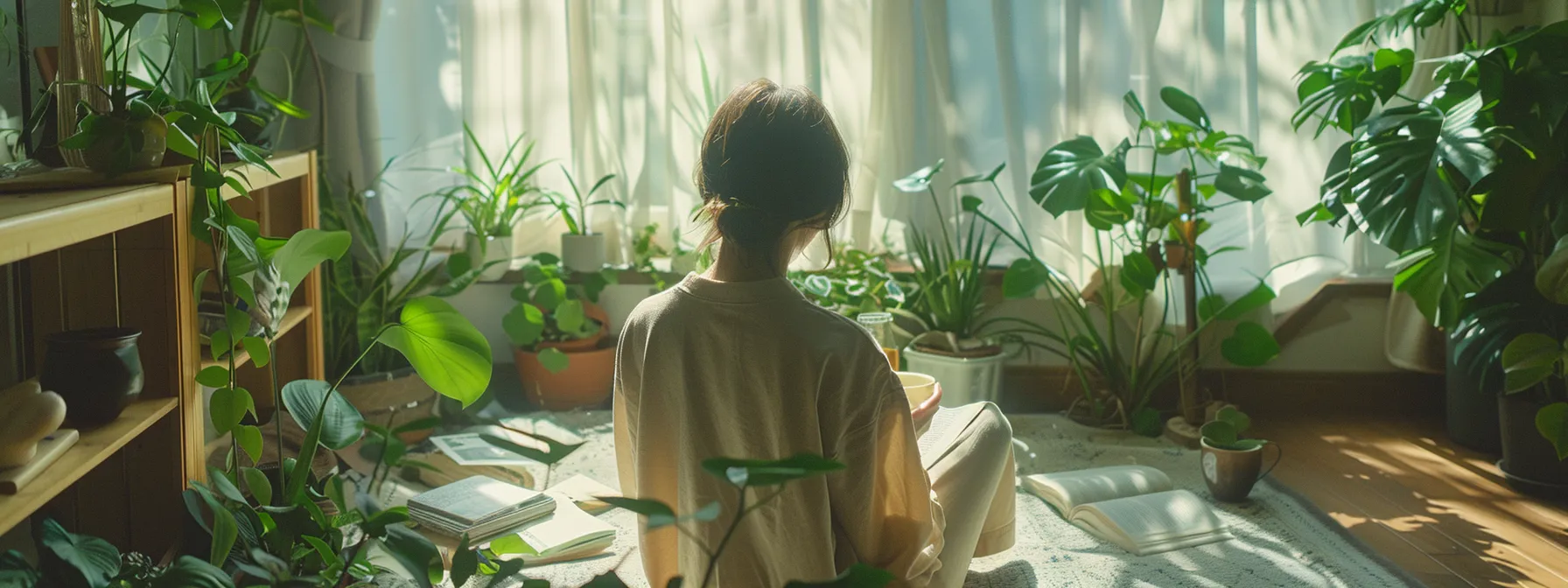 a serene, softly-lit room filled with calming greenery, featuring a thoughtful individual seated peacefully amidst scattered notes and calming herbal tea, embodying the journey of understanding and managing anxiety.