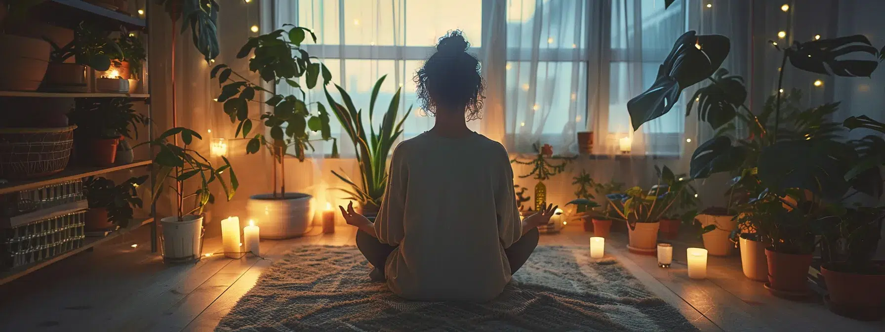 anxiety symptoms. a serene, softly lit room features a person sitting cross-legged on a plush mat, surrounded by calming plants and candles, evoking a sense of tranquility while practicing deep breathing to manage anxiety.