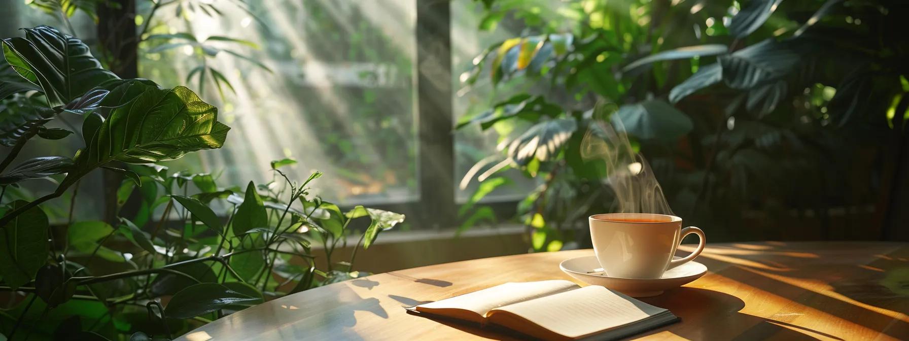 a serene, sunlit room filled with lush greenery where an open notebook rests beside a steaming cup of tea, symbolizing the profound connection between mental tranquility and physical wellness.