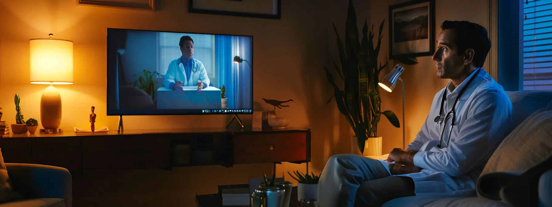 a serene telehealth session unfolds in a cozy room, where a patient engages with a compassionate mental health professional on a sleek digital screen, illuminated by warm, calming light that emphasizes the innovative fusion of technology and mental health care.