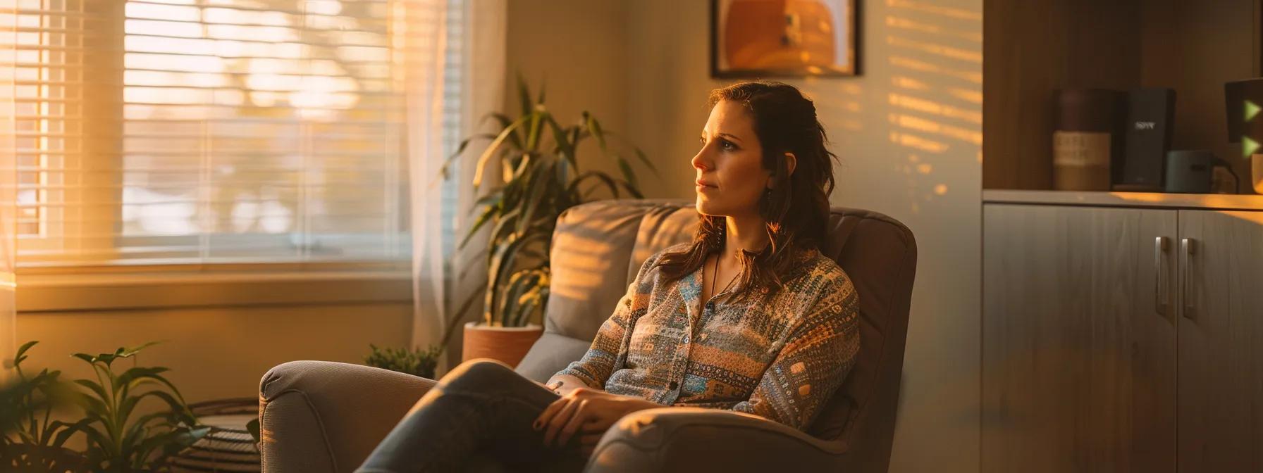 a serene therapist's office bathed in soft, natural light, featuring a thoughtful woman engaging in a supportive therapy session, symbolizing the multifaceted approach to managing bipolar disorder in women.