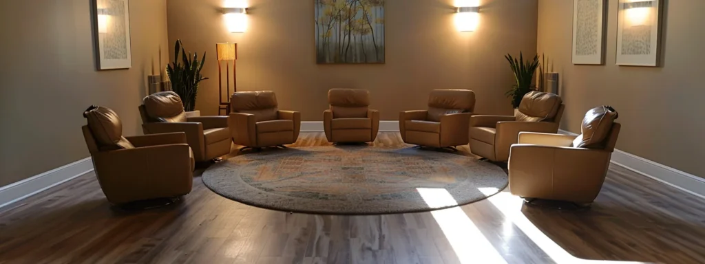 a serene therapy room bathed in soft, natural light, featuring a circle of comfortable chairs designed for intimate group discussions about mental health and substance use recovery.