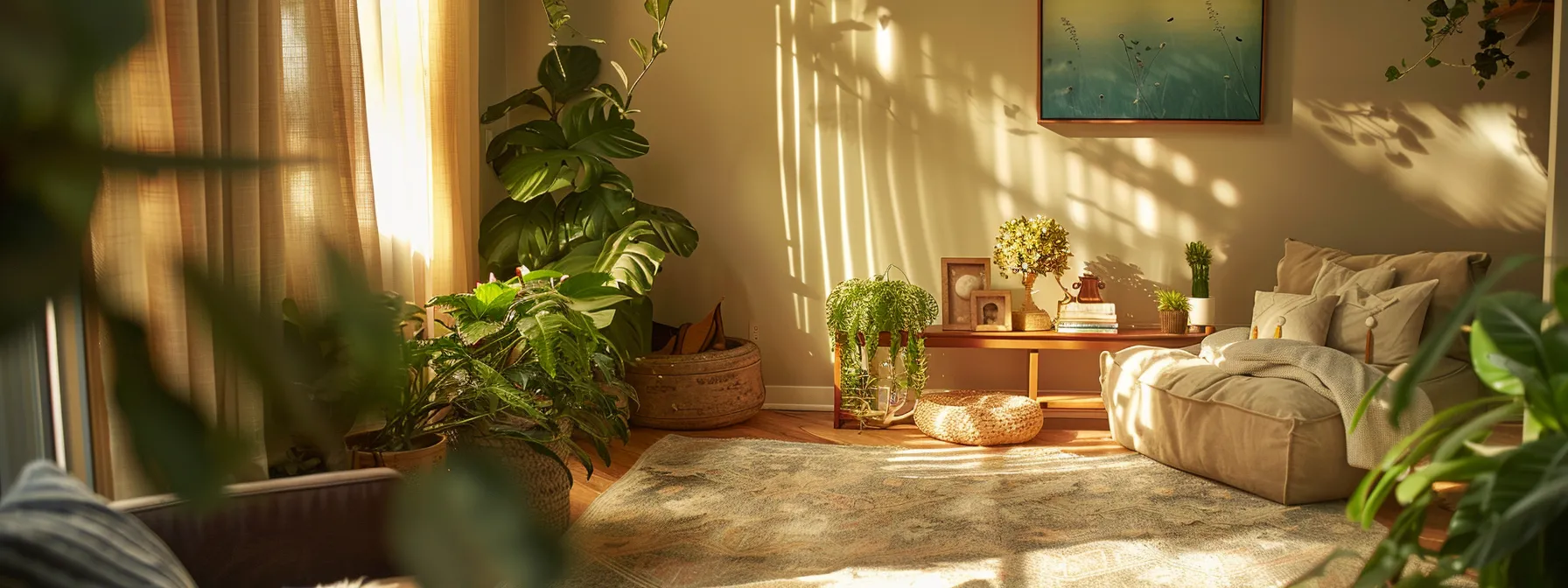 a serene therapy room bathed in soft, natural light, featuring calming plants and a cozy seating area that invites open discussions about managing anxiety and depression through holistic treatment approaches.