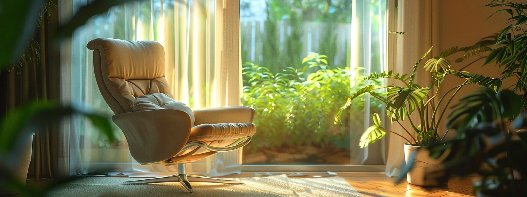 a serene therapy room bathed in soft, natural light, featuring a comfortable armchair facing a window with lush greenery, symbolizing the calming journey of cognitive behavioral therapy.