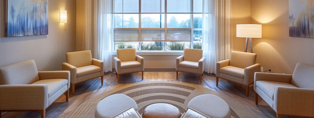 a serene therapy room bathed in soft, natural light, featuring comfortable seating arranged circle-wise, symbolizing supportive group discussions in an outpatient mental health program.