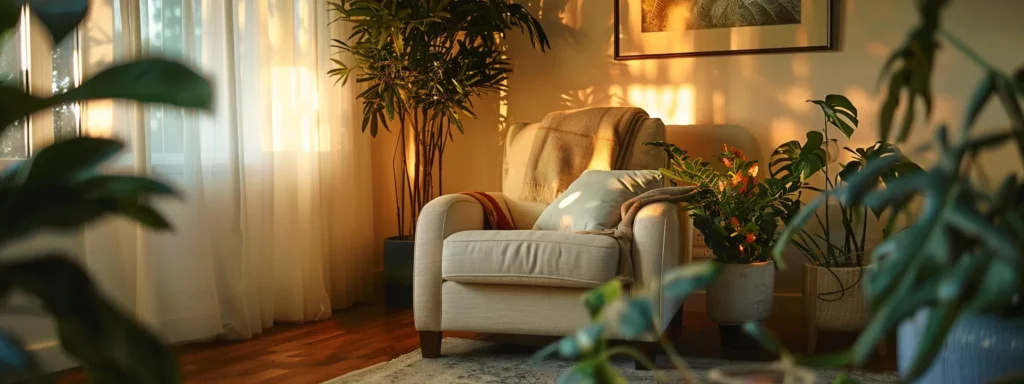 a serene therapy room bathed in soft, natural light features a plush armchair, surrounded by calming plants and soothing artwork, inviting introspection and healing.