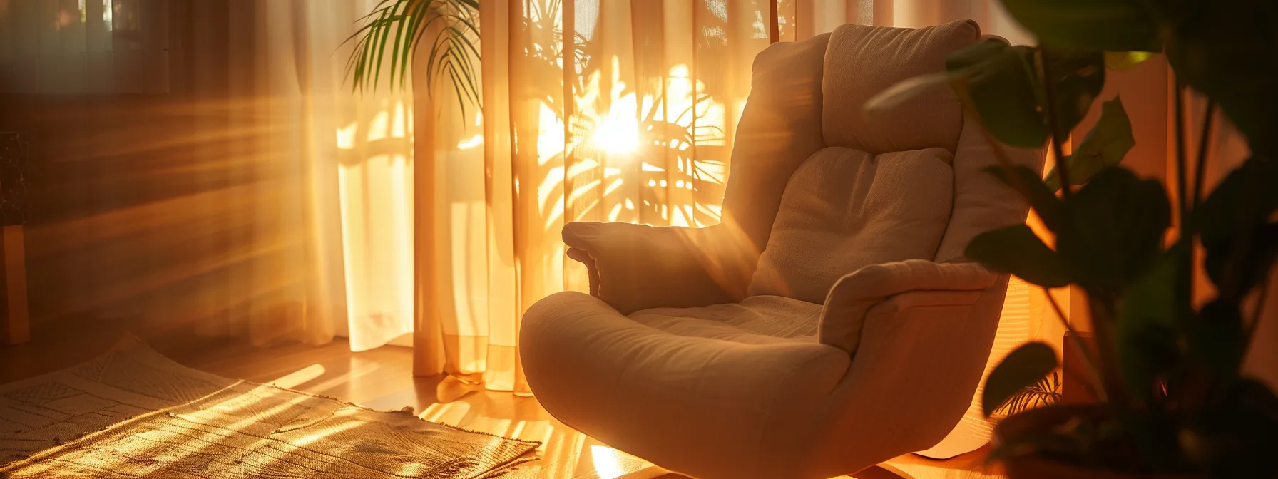 a serene therapy room bathed in warm, natural light, featuring a comfortable armchair and a calming indoor plant, embodies the theme of holistic healing through therapy and lifestyle changes for anxiety and depression.