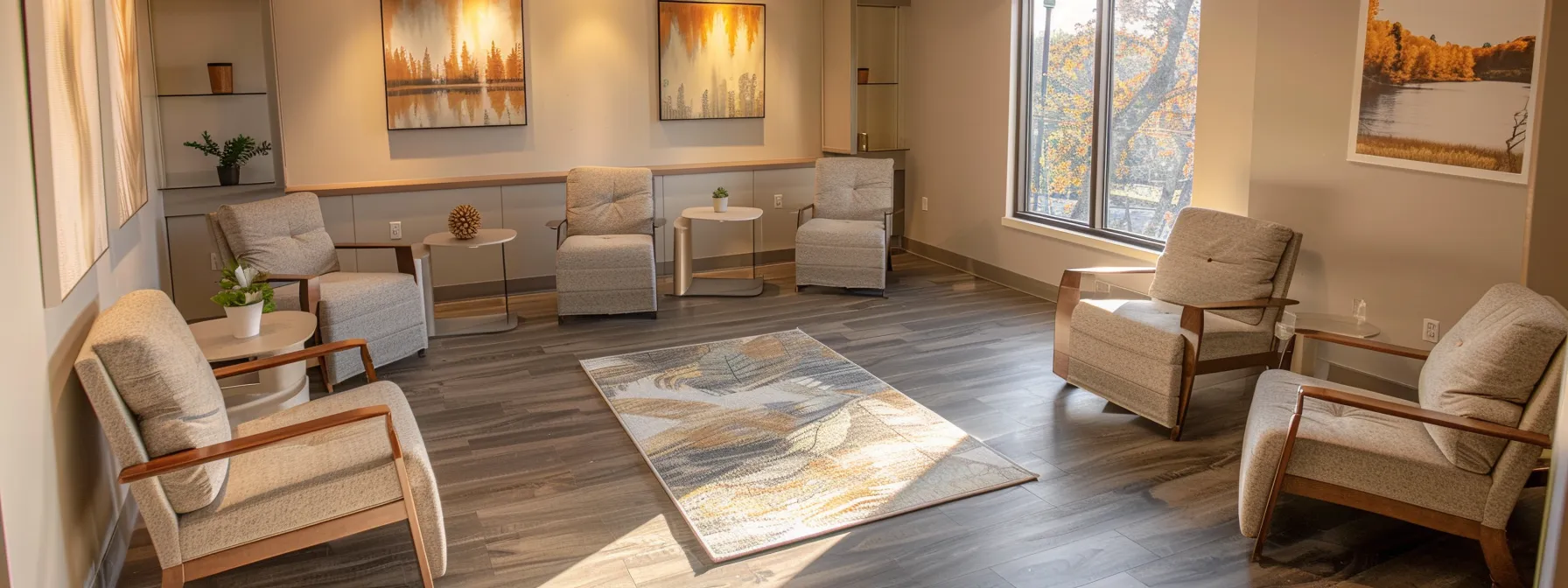 a serene therapy room bathed in warm, natural light, featuring comfortable seating and calming decor, symbolizes solace and support for individuals navigating mood and anxiety management in a partial hospitalization program.