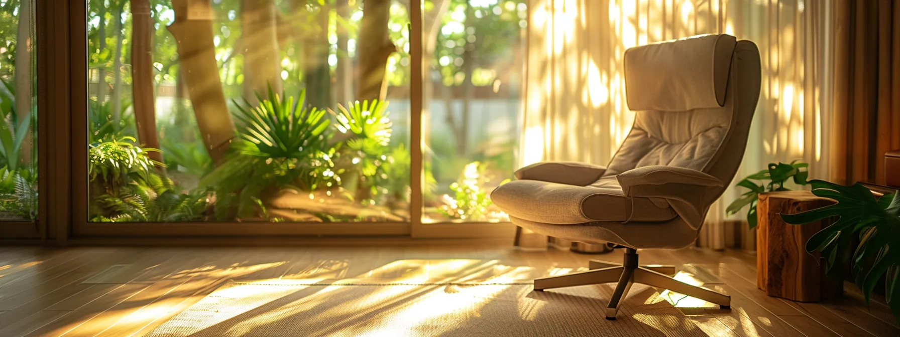 a serene therapy room bathed in soft, natural light, featuring a cozy armchair and a calming view of greenery, symbolizing the supportive environment for holistic anxiety treatment and recovery.