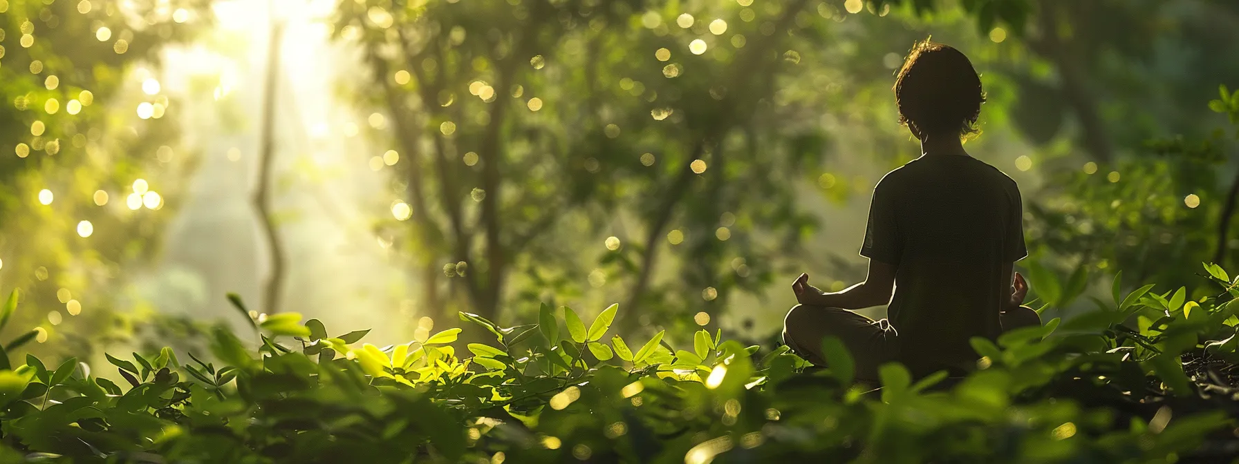 a serene, tranquil scene of a person meditating in a sunlit forest, surrounded by lush greenery and soft, dappled light filtering through the leaves, embodying the calming essence of mindfulness and its therapeutic benefits.