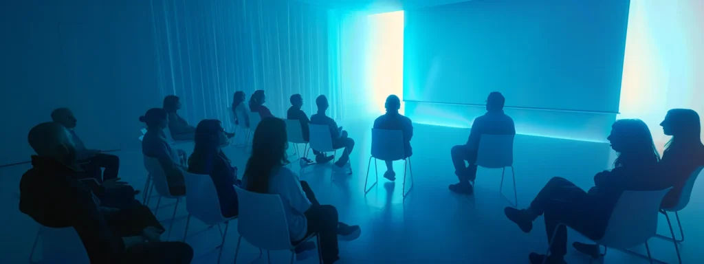 a serene virtual classroom setting illuminated by soft, ambient light, featuring engaged individuals participating in a group discussion, symbolizing the supportive and structured environment of the virtual php program focused on recovery and mental well-being.