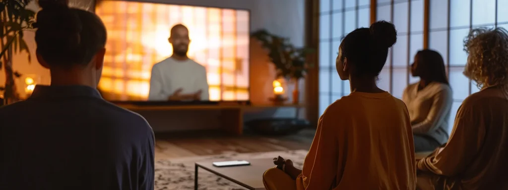 a serene virtual therapy session unfolds on a softly lit screen, showcasing diverse participants engaged in a transformative mental health discussion, embodying hope and support.