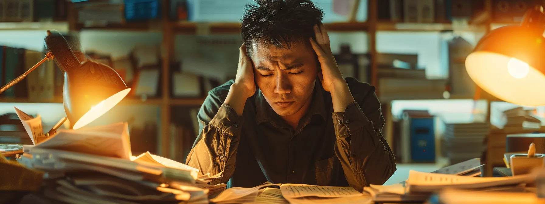 a somber office setting captures a weary professional surrounded by disorganized papers and an overwhelmed expression, symbolizing the pervasive struggle of anxiety on work performance and daily life.