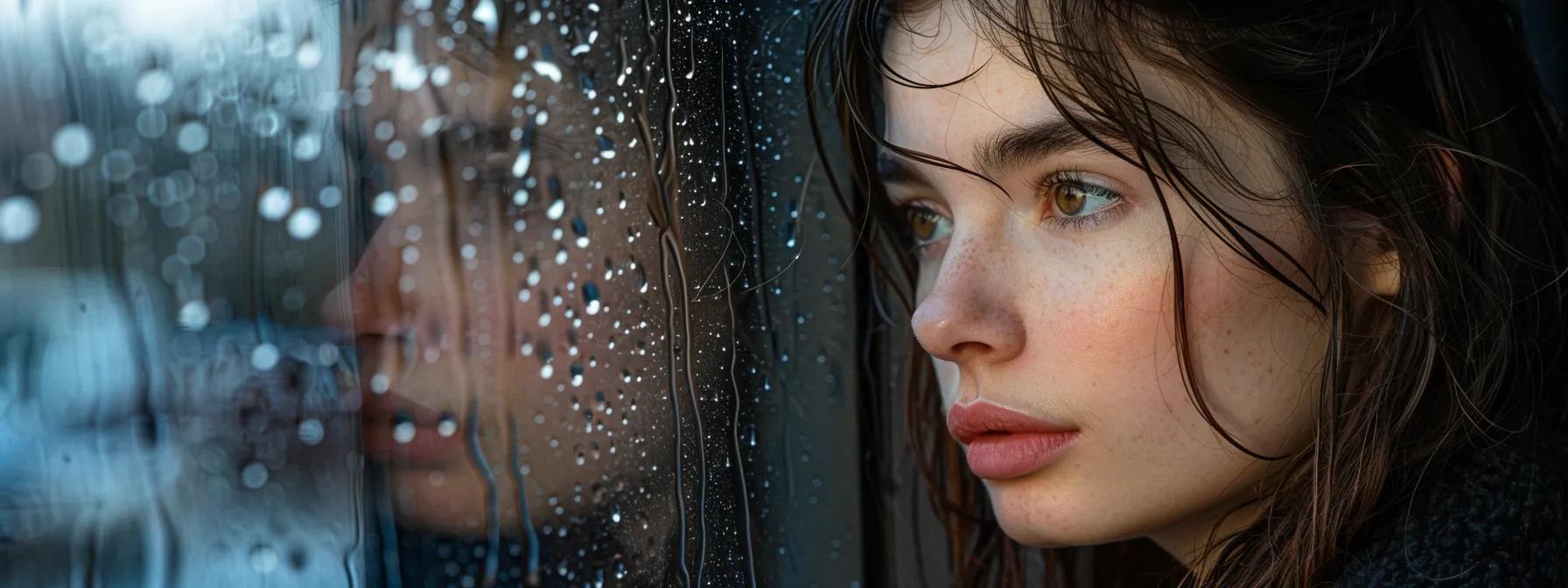 bipolar disorder symptoms, a somber yet captivating portrait of a woman gazing out of a rain-drenched window, her expression reflecting the emotional turmoil of bipolar disorder, with soft, diffused light enhancing the melancholic atmosphere.