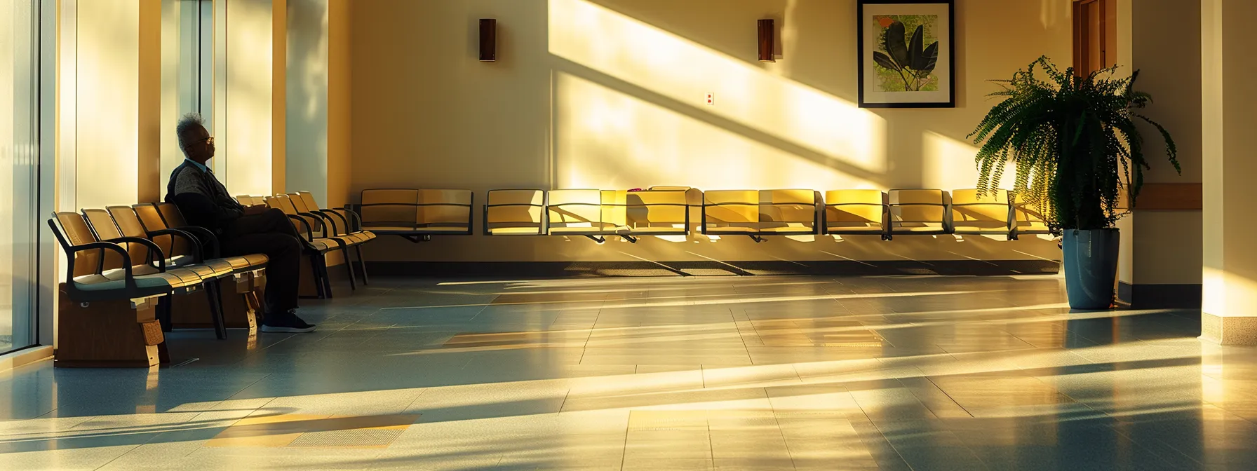 a stark, serene hospital waiting room bathed in soft, warm light, where a solitary figure sits contemplatively, reflecting the weight of anxiety and the importance of seeking professional help.