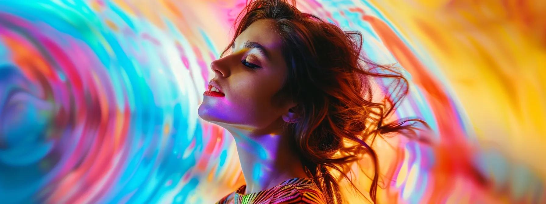 a striking portrait of a woman surrounded by swirling colors representing the emotional turbulence of bipolar disorder, with vivid contrasts illustrating manic energy and deep melancholy against a blurred background that evokes confusion.