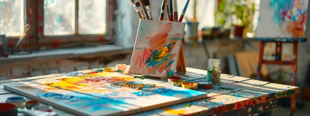 a tranquil art therapy session unfolds in a sunlit studio, where vibrant colors and expressive brushstrokes on canvas radiate emotional release and creativity.