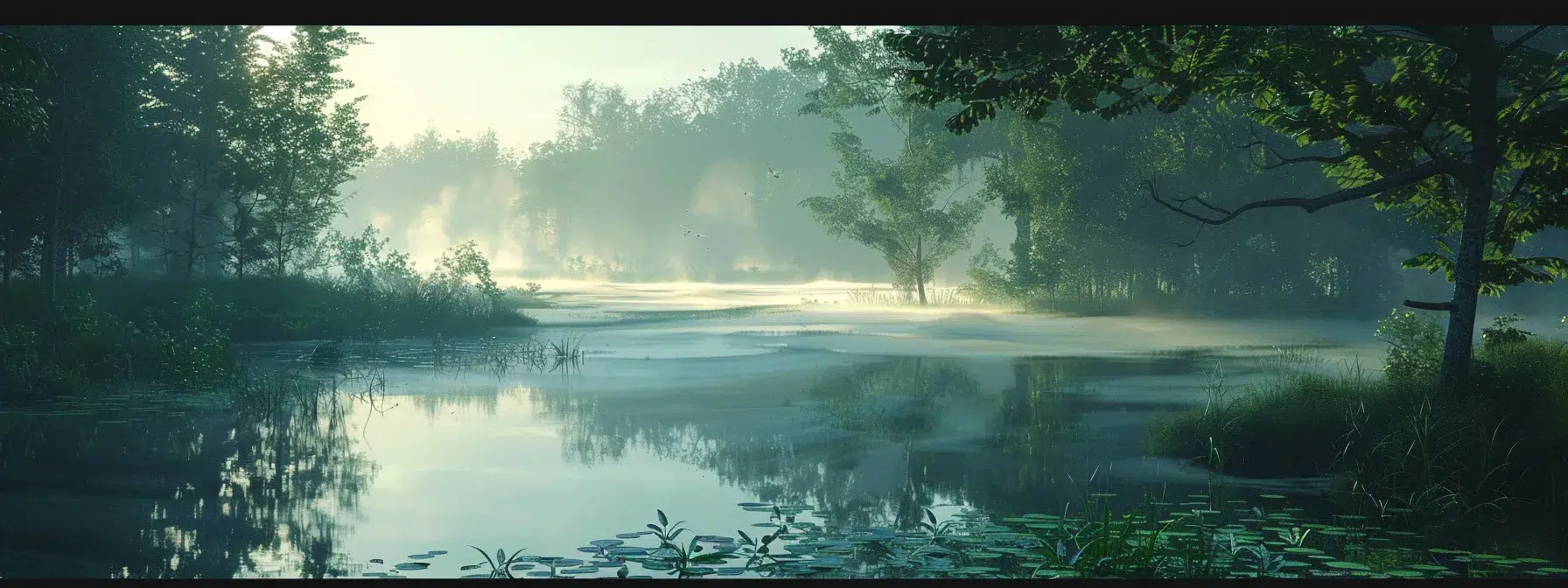 a tranquil landscape at dawn, featuring a serene lake surrounded by lush greenery, symbolizing the journey toward mental wellness and the exploration of effective treatment options for anxiety and major depression.