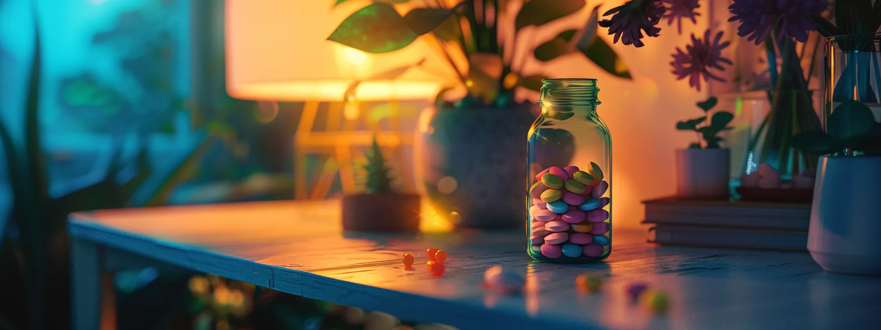 a tranquil scene of a serene workspace, featuring a glass bottle filled with colorful pills amidst soft, ambient lighting, symbolizing hope and healing for those facing anxiety and depression.