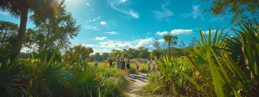 a vibrant and inviting florida landscape captures a diverse group of individuals engaged in collaborative activities, symbolizing the launch of a virtual partial hospitalization program with clear blue skies and lush greenery in the background.