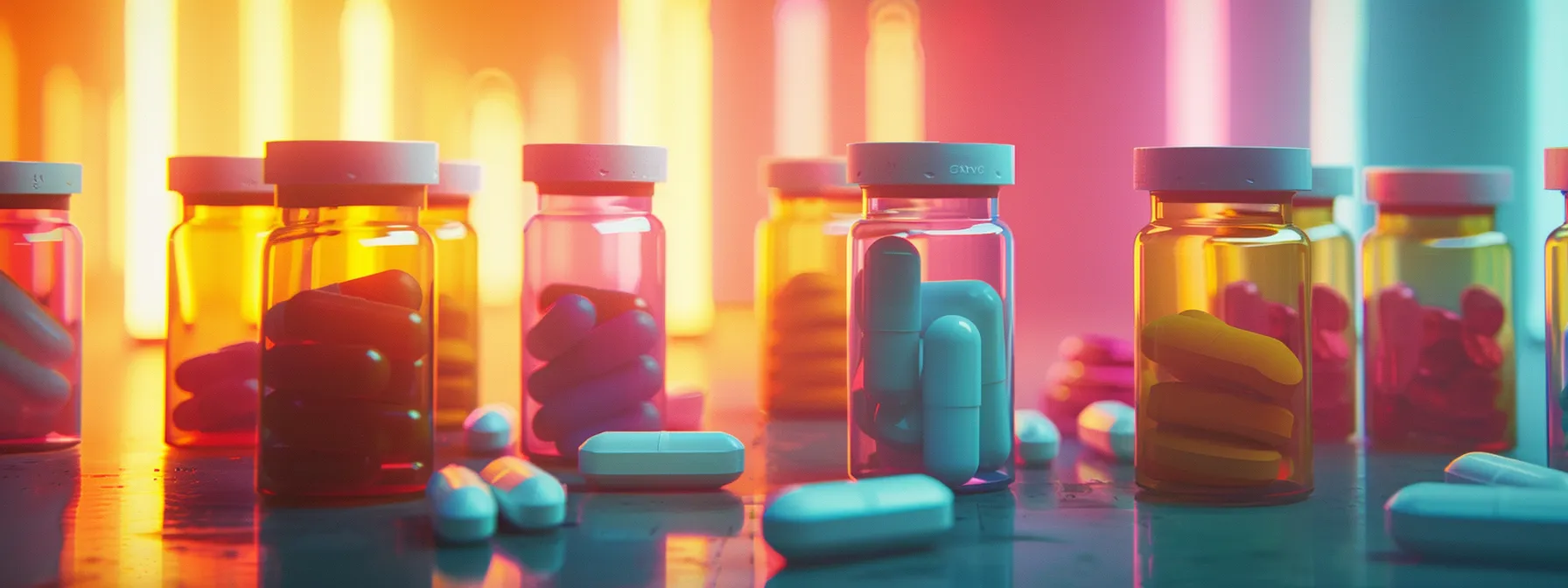 a vibrant arrangement of various colorful prescription pill bottles set against a soft, blurred background, symbolizing the complexities of managing anxiety disorders through medication.