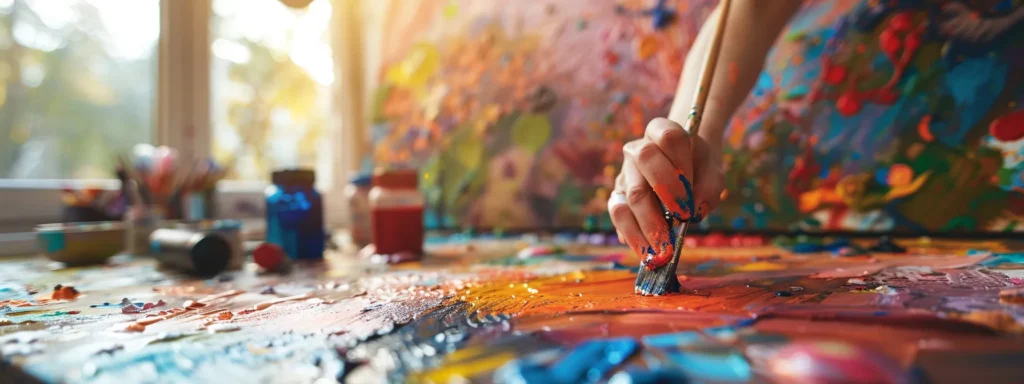 a vibrant art therapy session unfolds in a sunlit studio, where individuals express their emotions through colorful paints and soothing music, creating an atmosphere of healing and emotional release.