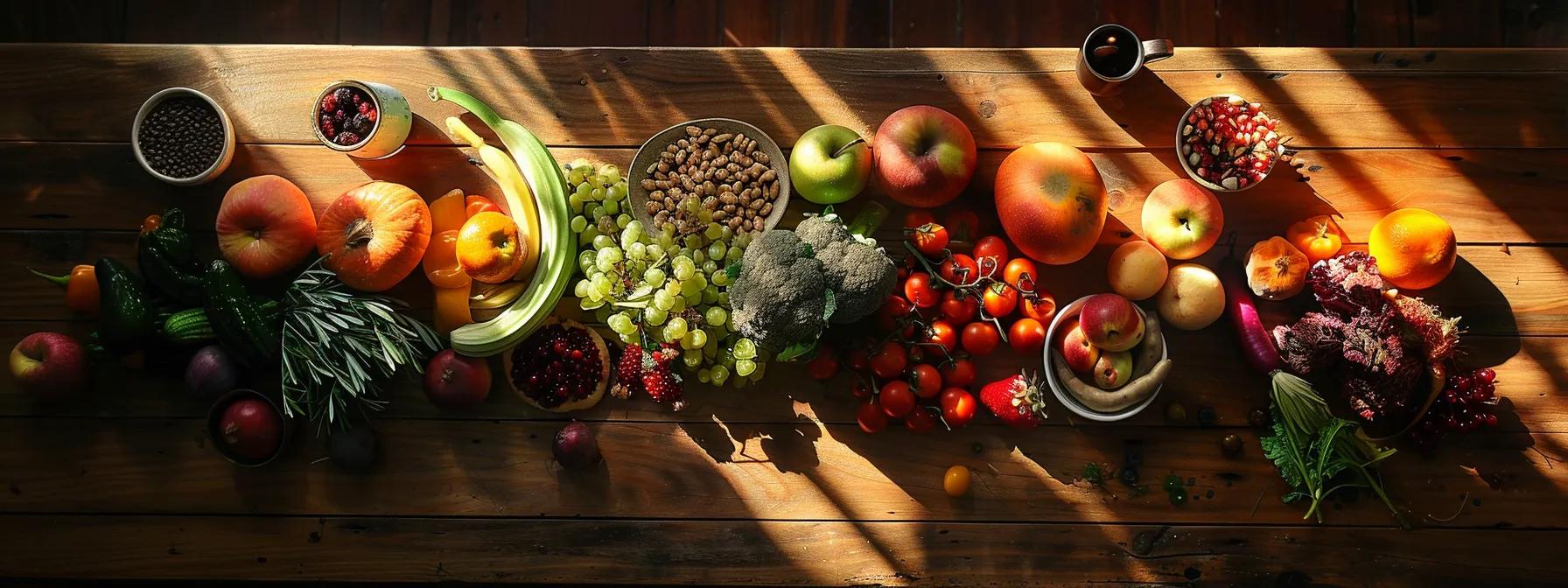 a vibrant, colorful spread of fresh fruits, vegetables, and whole grains artfully arranged on a rustic wooden table, symbolizing the crucial connection between nutrition and mental wellbeing, illuminated by soft natural light.