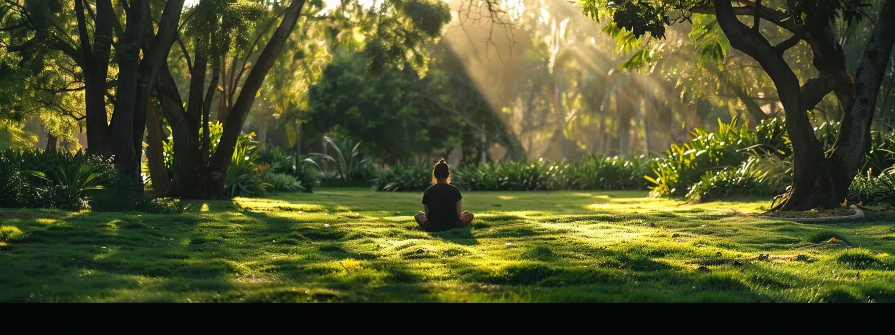 a vibrant scene captures a person sitting peacefully in a sunlit park, exuding tranquility amid a backdrop of lush greenery, symbolizing the journey to manage anxiety through relaxation and connection with nature.