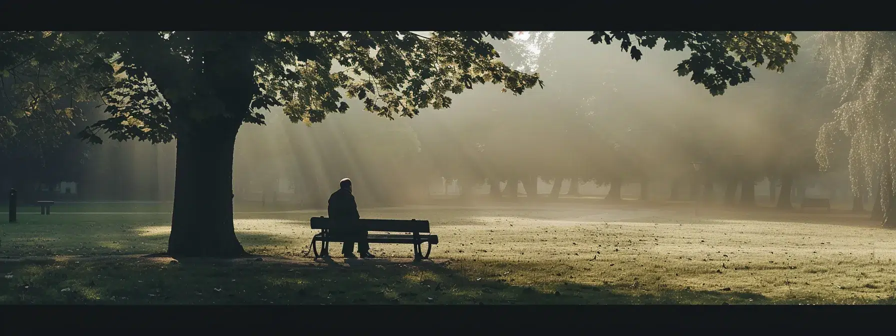 an evocative depiction of a solitary figure sitting on a park bench, surrounded by a hazy, muted ambiance that symbolizes the weight of untreated anxiety, with shadows casting softly around them, capturing the essence of isolation and introspection.