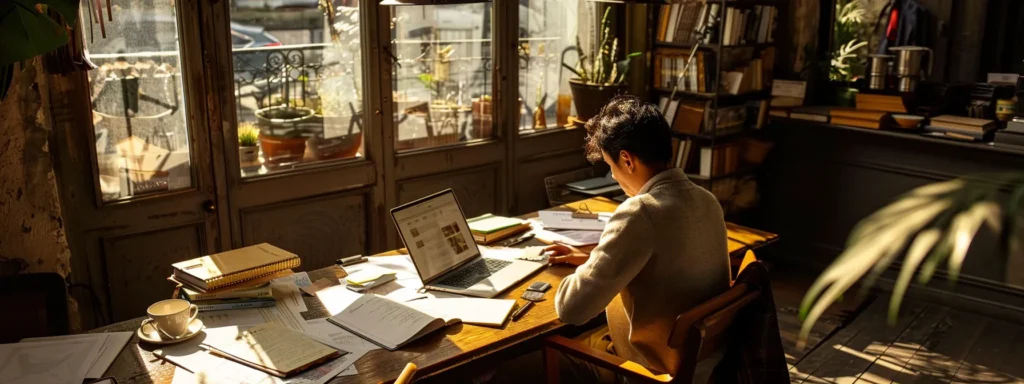 a serene and contemplative setting featuring a person sitting at a sunlit table, surrounded by open notebooks and a laptop, thoughtfully weighing the options of mental healthcare providers while enjoying the tranquil ambiance of a cozy café.