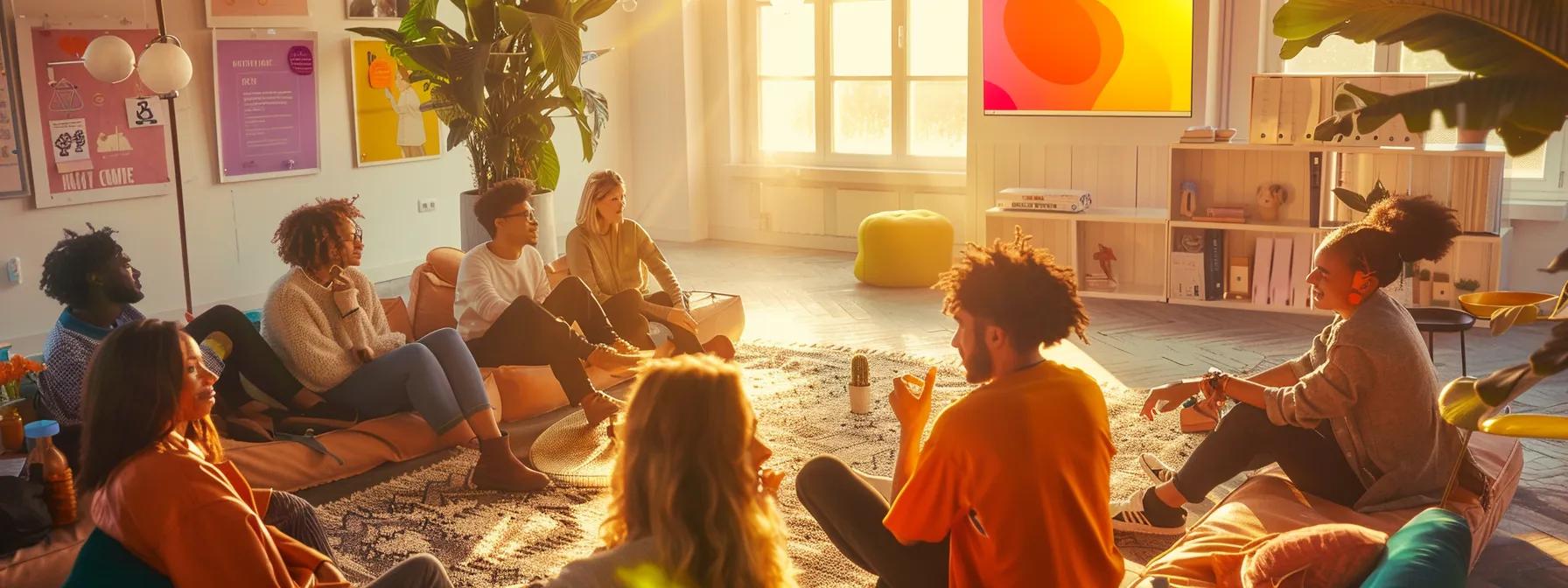 a vibrant wellness workshop scene bathed in soft, natural light, showcasing a diverse group of individuals engaging in open discussions about mental health strategies and physical wellness, surrounded by inspiring posters promoting awareness and community support.