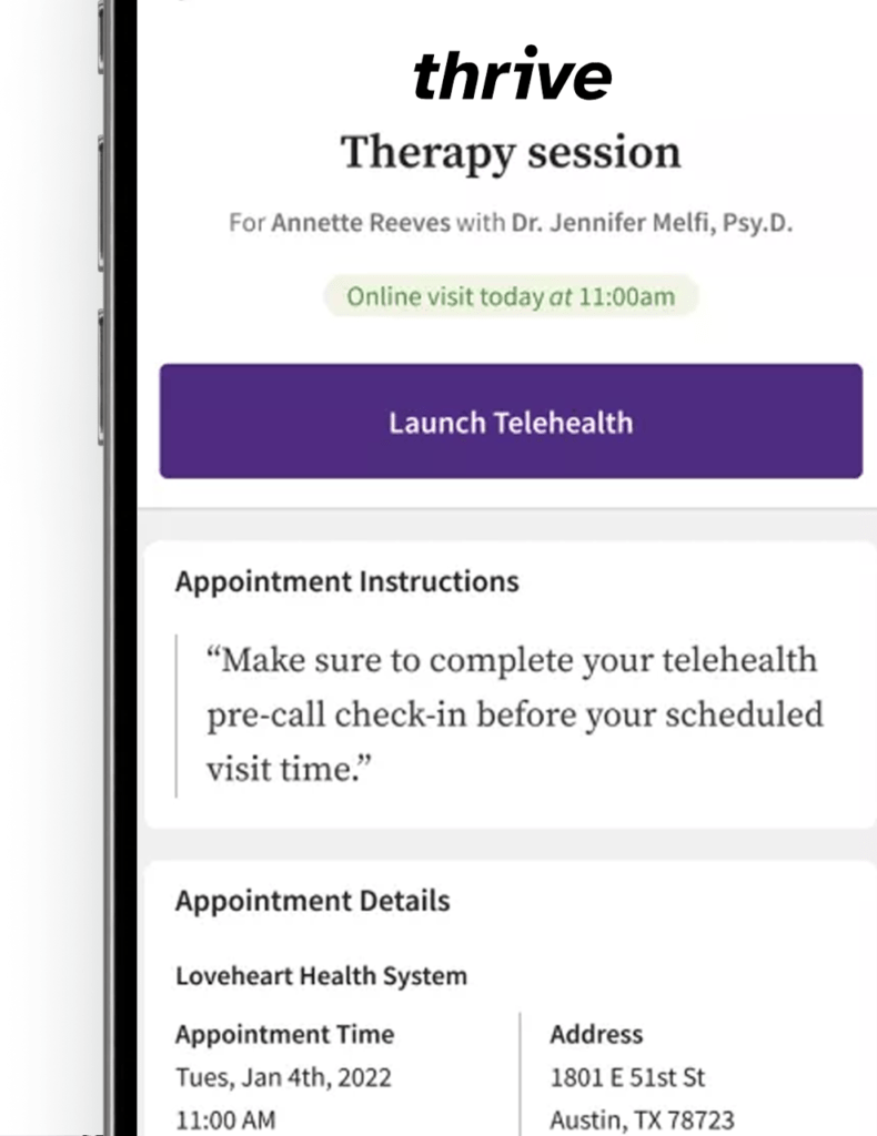 a screenshot of patient experience on Thrive's patient portal