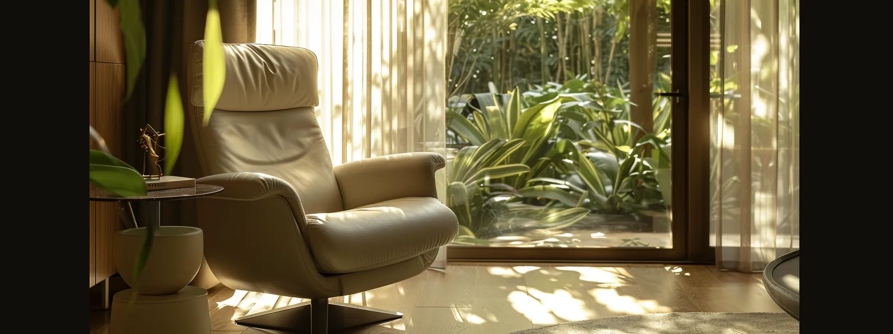 a serene therapy room bathed in soft, natural light showcases a comfortable armchair and a calming view of greenery outside, symbolizing the supportive environment for overcoming anxiety through therapy and medication.